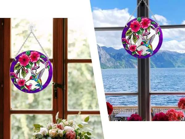 Larger Purple Stained Glass Window Hanging, Hummingbird Gifts for Women, Bird and Flowers Suncatcher, Hummingbird Gifts for Women, Bird and Flowers Suncatcher for Window, Hand Painted Glass by GreenHaven Gardens