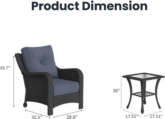 3 Pieces Outdoor Patio Furniture Sets with Single Chairs with 6-inch Thick Cushion and Side Table for Deck Lawn by GreenHaven Gardens