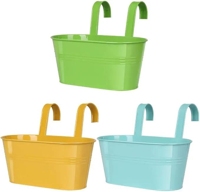 Metal Railing Planter for Outdoor Plants - 3 Pack Balcony Hanging Flower Pots with Detachable Hooks and Drain Holes Oval Bucket Rail Box Fence Planters for Home Garden Decor, Green Orange Blue by GreenHaven Gardens