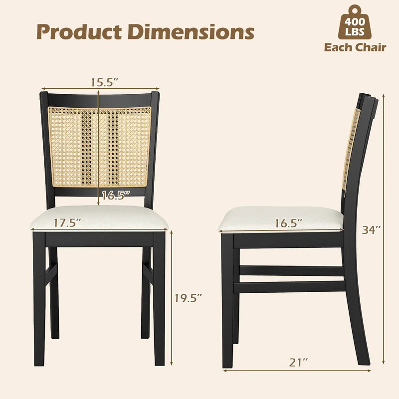 Farmhouse Rattan Dining Chair Set of 2 with Rubber Wood Legs and Cane Back-Beige by DirectDeals