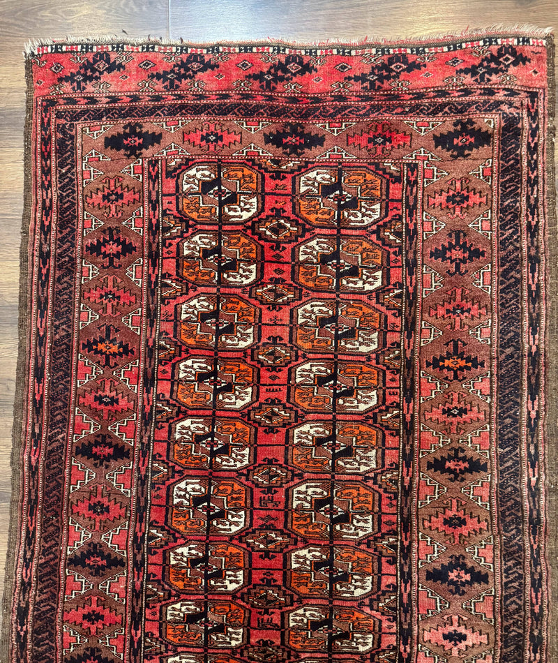 Antique Turkoman Rug 3.7 x 6.7, Red, Wool Runner Rug by Jewel Rugs