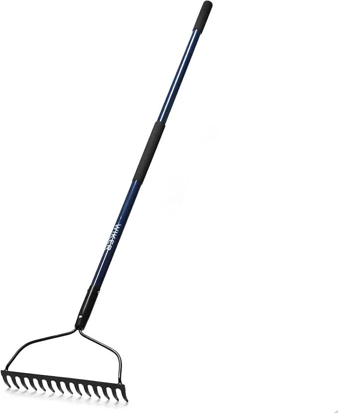 57 Inch Heavy Duty Garden Rake with Blue Fiberglass Handle - 14-Tooth Metal Yard Rake for Gardening, Farming, and Yard Work - Durable Hard Rakes for Heavy Duty Use by GreenHaven Gardens