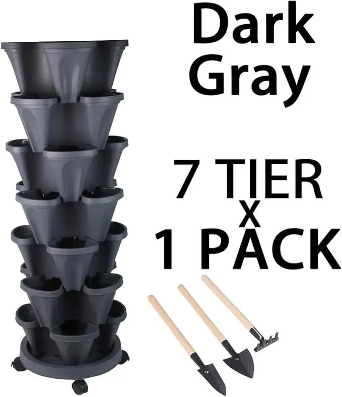 Vertical Planter 7 Tier Stackable Planters Garden Planters Strawberry Herb Flower and Vegetable Planter Indoor Outdoor Gardening Pots with Removable Wheels and Tools by GreenHaven Gardens