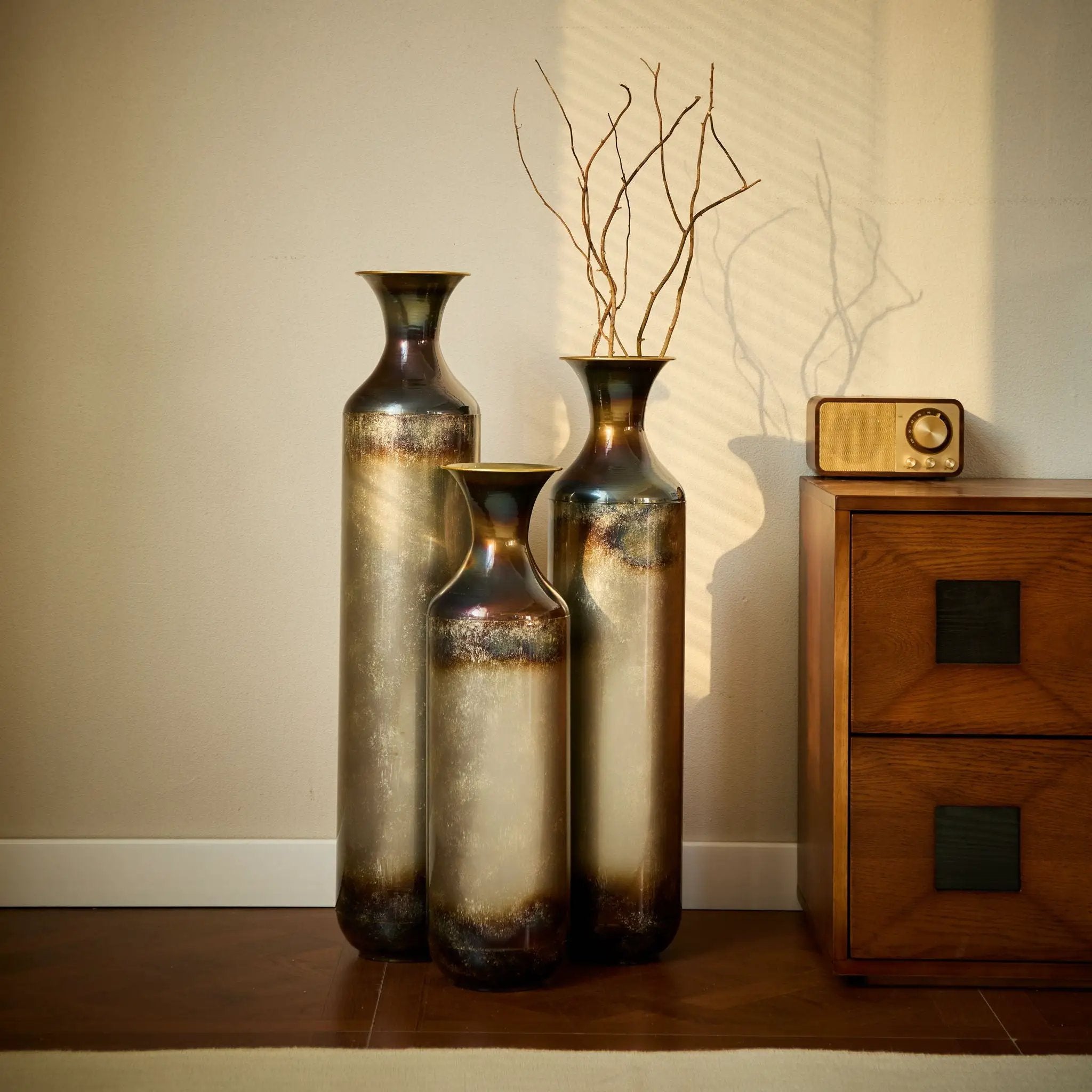 Modern Droplet Shaped Floor Vase Set, Glazed Metal Decorative Vases 3 Piece Home Accent For Living Room - Gold / White by Unique Piece Furniture
