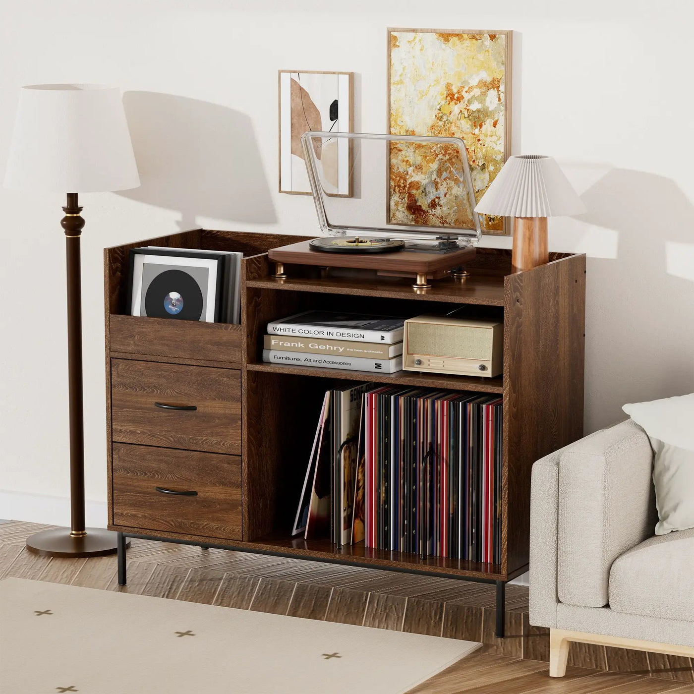 Eco-Friendly Vinyl Record Player Stand With Flip-Top Storage, Media Console With Dual Outlets And Dustproof Drawers by HouseOfZazla