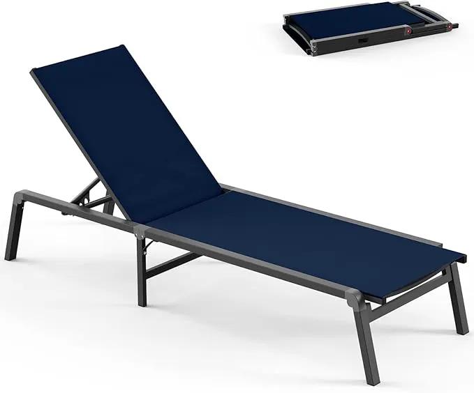Chaise Lounge Outdoor, Foldable Aluminum Pool Lounge Chairs with 5 Positions Recliner - Free Assembly - Patio Chaise Lounge Chair for Poolside, Beach, Yard (NavyBlue) by GreenHaven Gardens