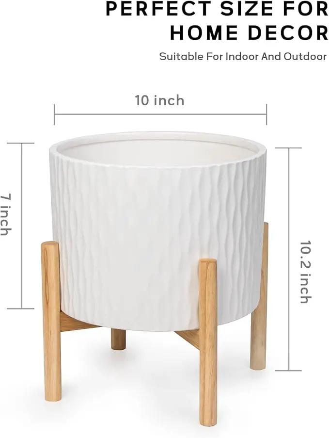 LaDoVita Ceramic Plant Pot with Stand, 10 Inch Planter with Wood Shelf, Modern Round Flower Pots Indoor with Wood Planter Holder, White Water Ripple Pattern by GreenHaven Gardens