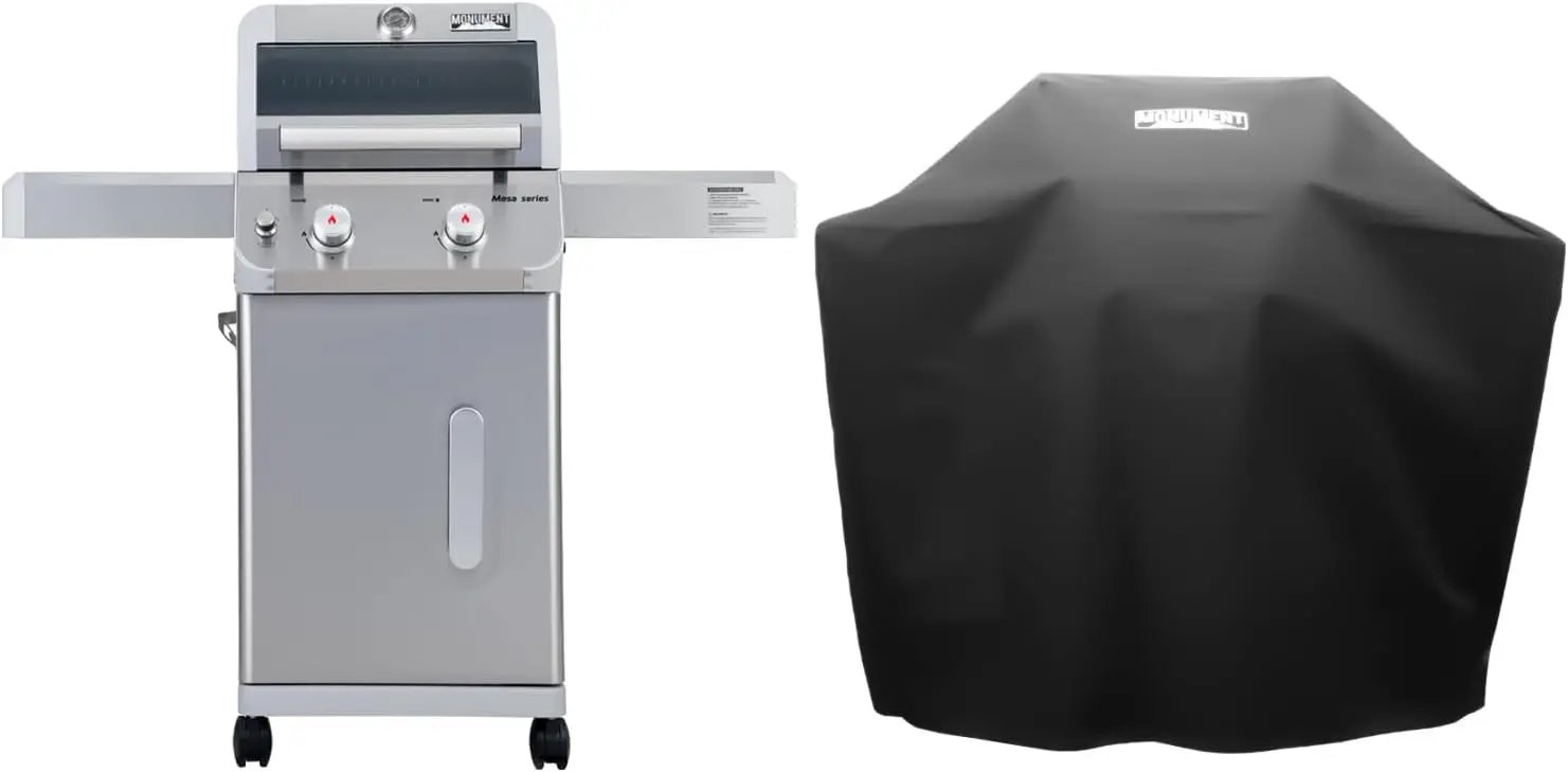 Monument Grills 2-Burner Stainless Steel Liquid Propane Gas Grill, Two Foldable Shelves Patio Garden Barbecue Grill with Clearview® Lid, Knob Control, Mesa200S with BBQ Cover by GreenHaven Gardens