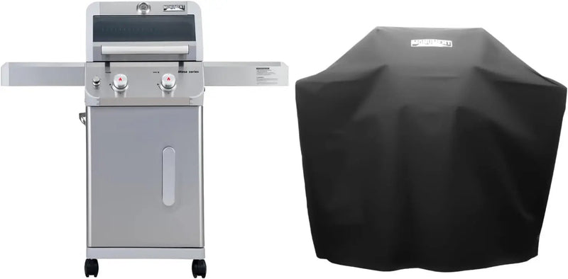 Monument Grills 2-Burner Stainless Steel Liquid Propane Gas Grill, Two Foldable Shelves Patio Garden Barbecue Grill with Clearview® Lid, Knob Control, Mesa200S with BBQ Cover by GreenHaven Gardens