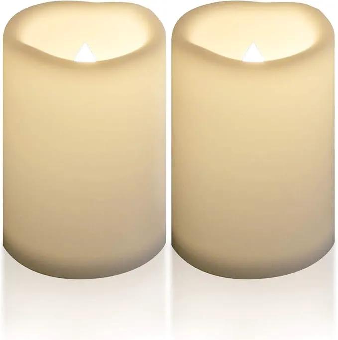 CANDLE CHOICE Waterproof Outdoor Battery Operated Flameless Candles with Timer Large Plastic Resin Bright Flickering Electric LED Pillars Lantern Garden Wedding Christmas Decorations 4”(D)x6”(H) 2 PCS by GreenHaven Gardens