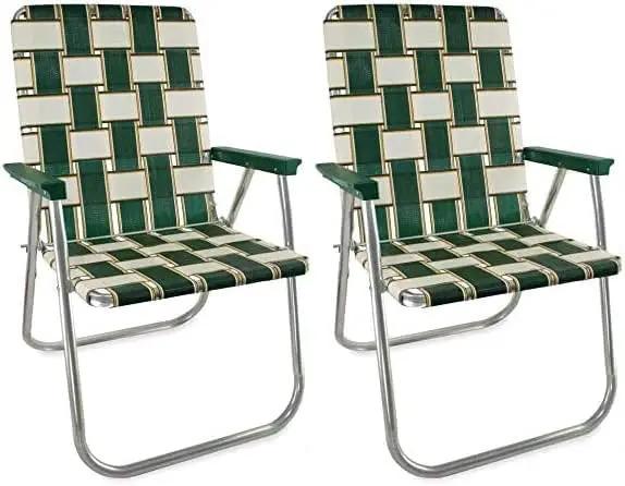 Lawn Chair USA - Outdoor Chairs for Camping. Made with Lightweight Aluminum Frames and UV-Resistant Webbing. Folds for Easy Storage 2- Pack (Charleston with Green Arms, Classic) by GreenHaven Gardens