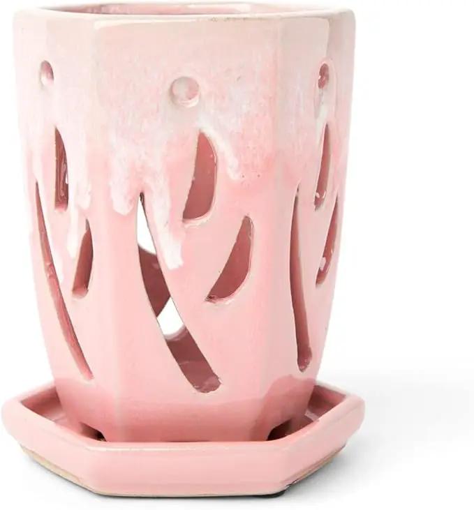 rePotme 4 x 6 inch Ceramic Orchid Pot (Cream Over Cotton Candy) - Hexagon Orchid Pot with Holes by GreenHaven Gardens