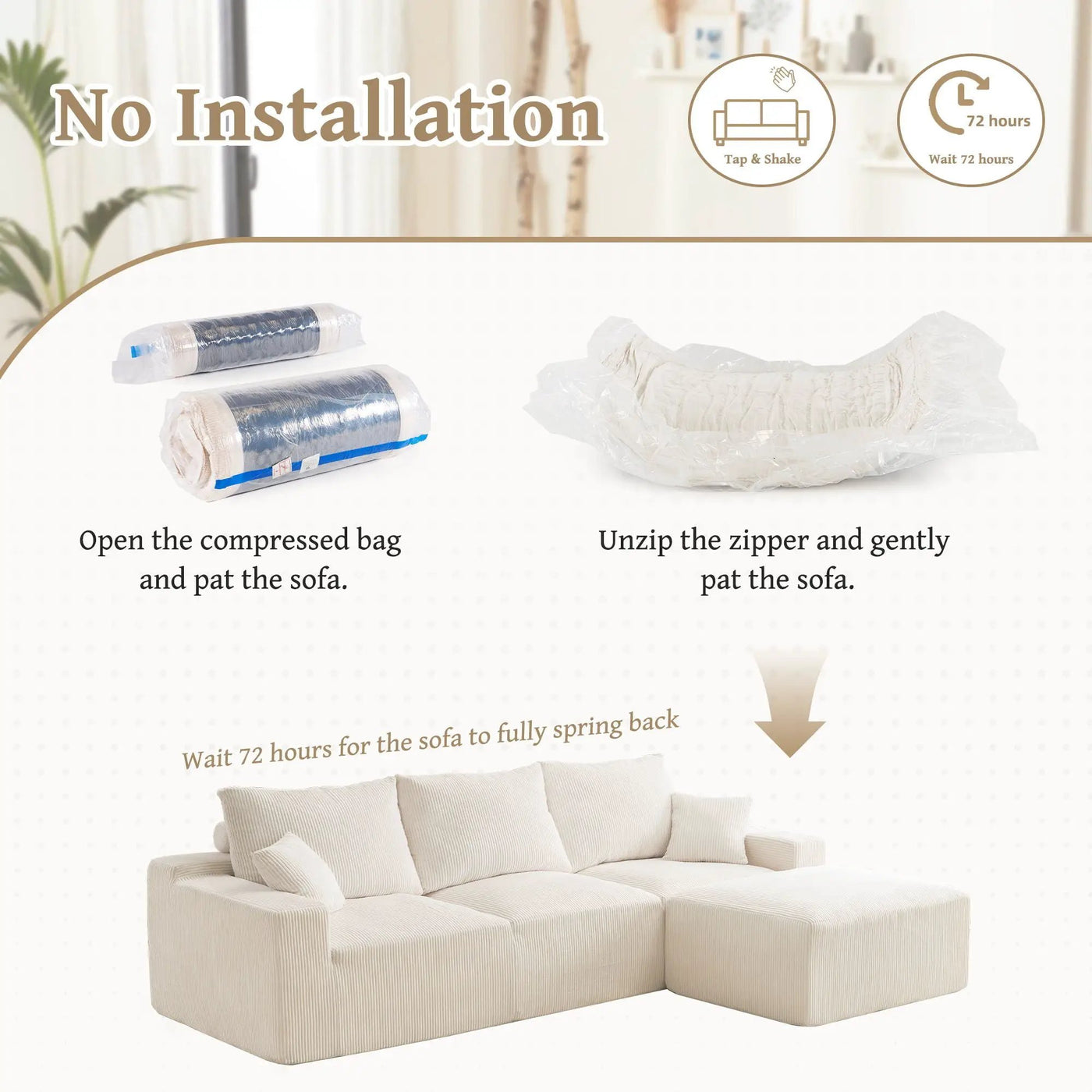 L Shaped Sectional Sofa, Full Compression 3 Seater Cloud Couch With Chaise by Unique Piece Furniture