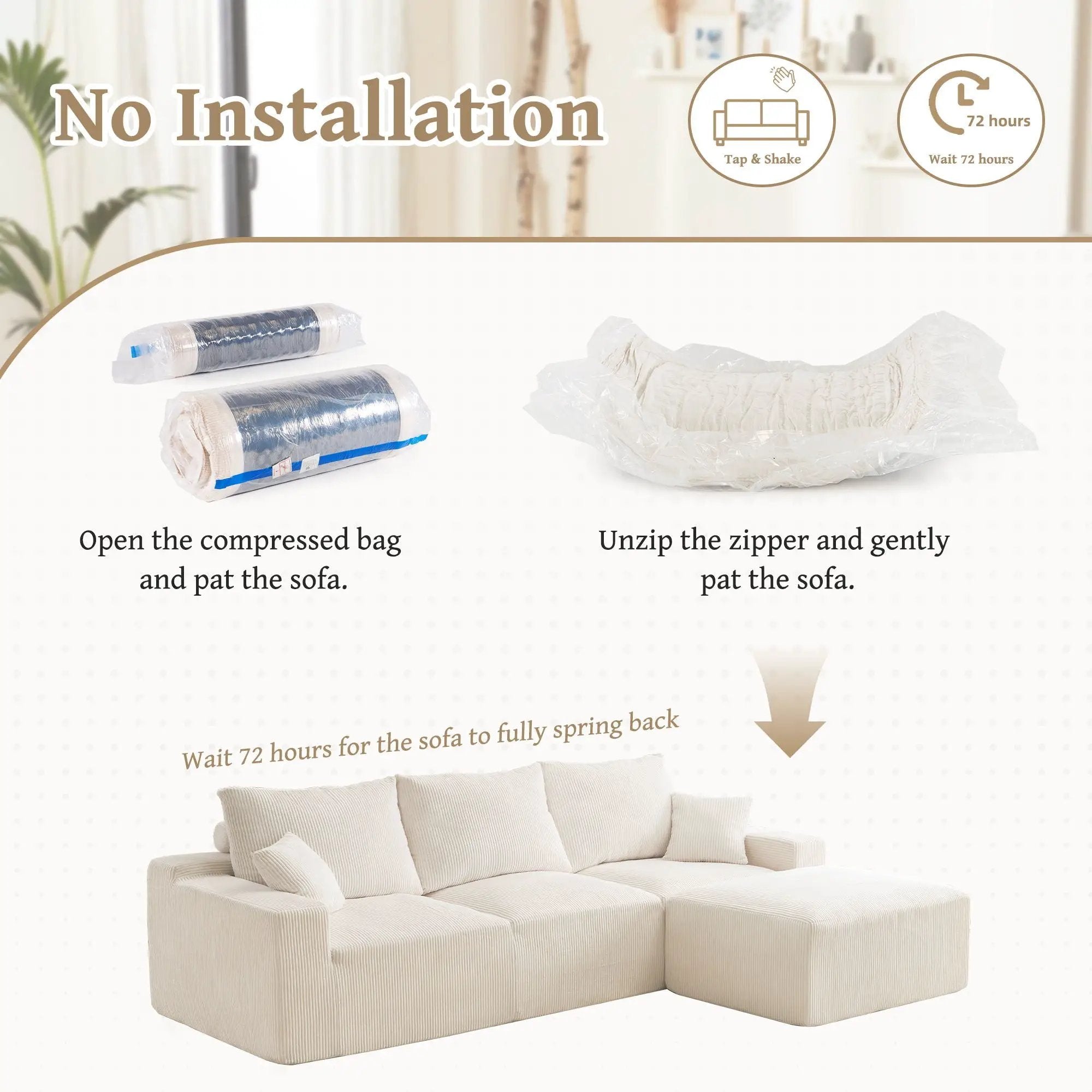 L Shaped Sectional Sofa, Full Compression 3 Seater Cloud Couch With Chaise by Unique Piece Furniture