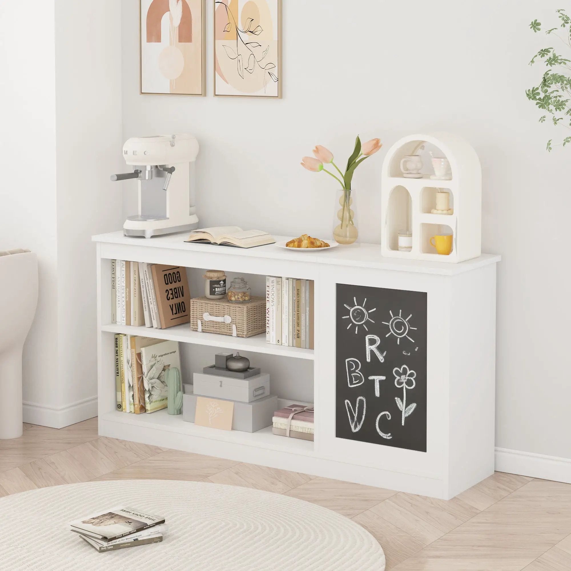 3 In 1 Bookshelf And Toy Storage Cabinet With Chalkboard, Organizer For Playroom Featuring And Spacious Storage - White by Unique Piece Furniture