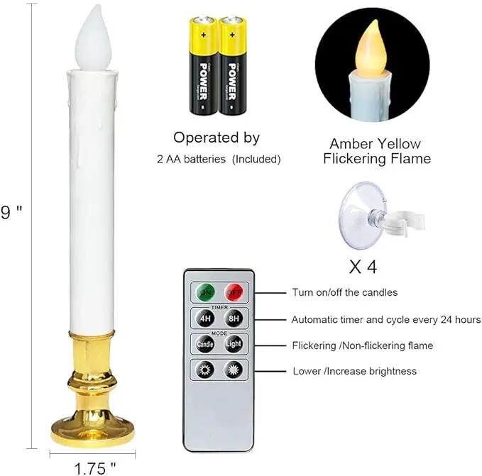 DRomance 9" Flameless Window Taper Candles Battery Operated with 8-Key Remote and Timer, 4 Pack White Christmas Holdiay Window Candles with Gold Holders, Suction Cups and AA Batteries Included by GreenHaven Gardens