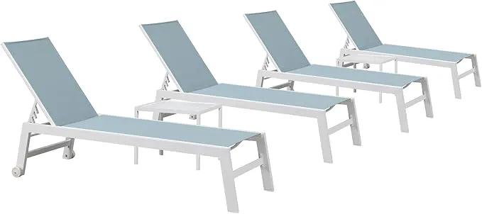 PURPLE LEAF Lounge Chair Outdoor Set of 4 White Aluminum Lounge Chairs with Wheels and Table Outdoor Chaise Lounge for Patio Pool Yard, Steel Blue by GreenHaven Gardens
