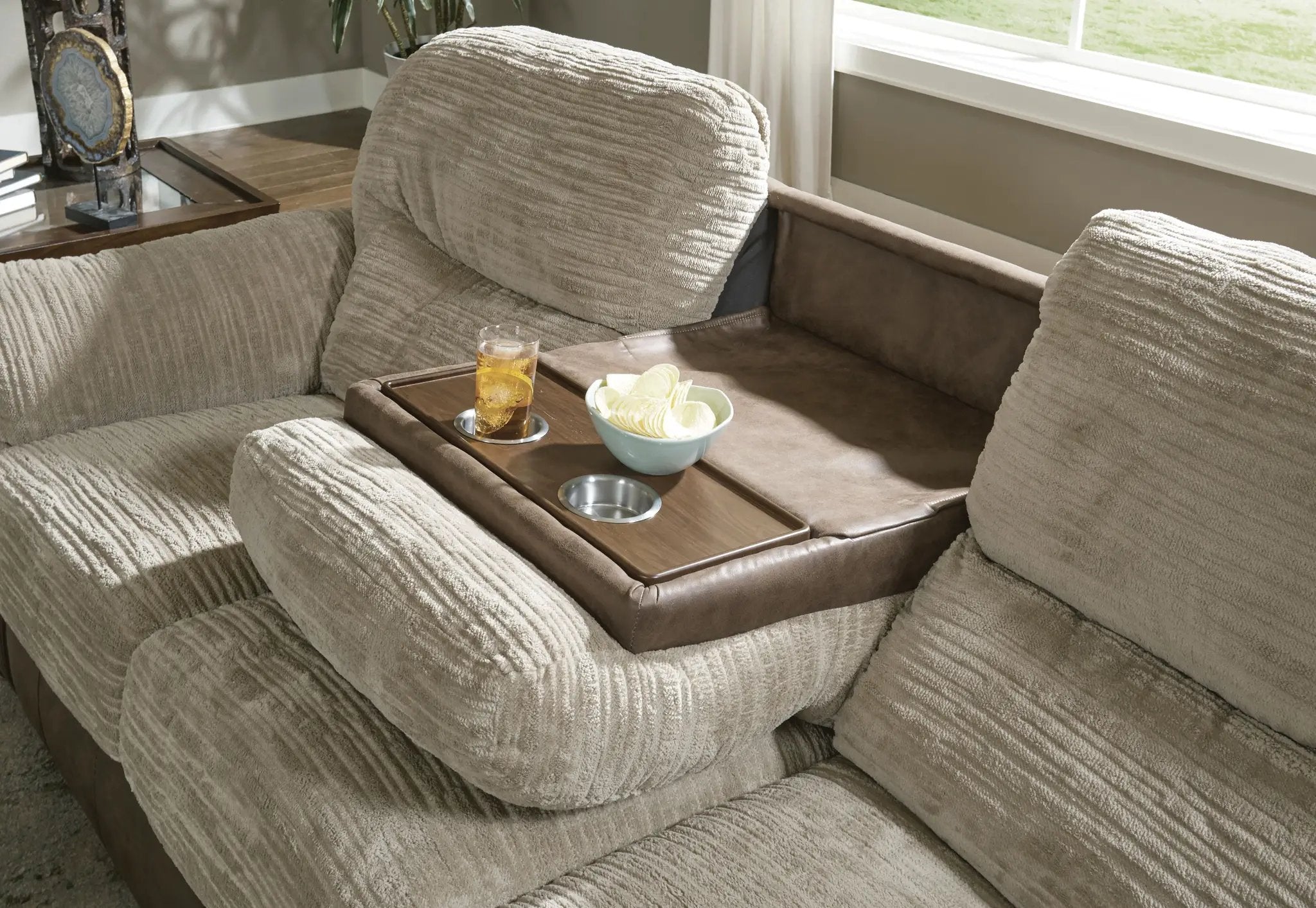 McMahon - Sofa With Drop Down Table - Bark by Unique Piece Furniture