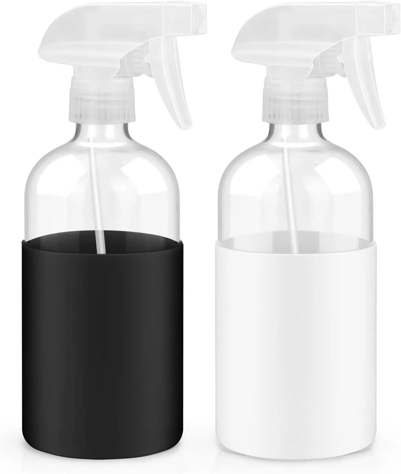 2 Pack Glass Spray Bottles with Silicone Sleeve, 16 oz Empty Refillable Containers with Adjustable Spray Nozzles, Spray Bottles for Hair, Cleaning Solutions and Plants Black&White by GreenHaven Gardens