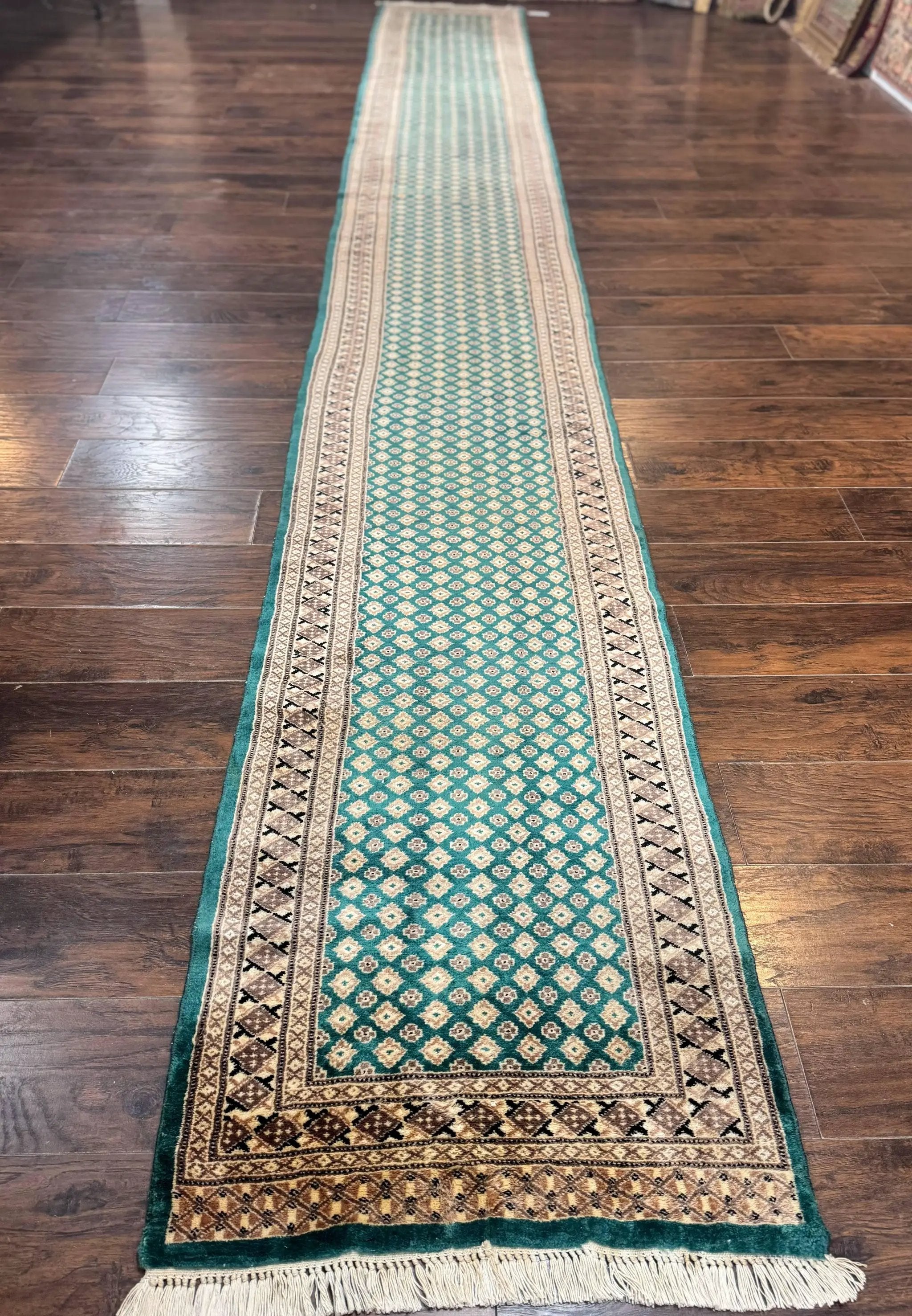 Long Pakistani Runner Rug 2.8 x 20, Hand Knotted Vintage Wool Hallway Rug, Turkoman Rug, Teal and Tan, Handmade Vintage Wool Runner by Jewel Rugs