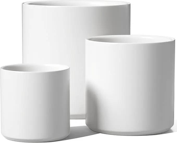 LE TAUCI Ceramic Plant Pots Indoor, 10 Inch 8 Inch 6 Inch Planters for Indoor Plants, Mid-Century Modern Flower Pots with Drainage Hole and Plug, Cylinder Round Planter Pots, Set of 3, White by GreenHaven Gardens