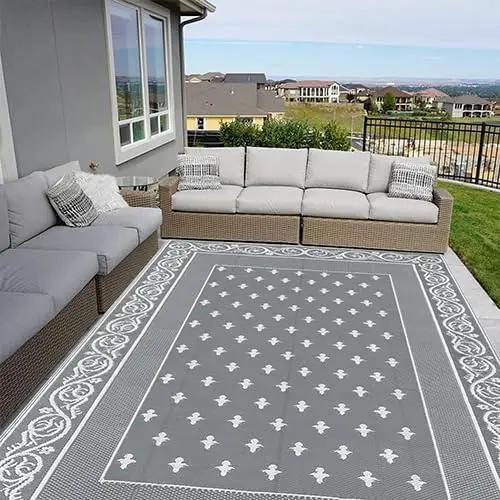 Pauwer Waterproof Outdoor Rug 8x10, Reversible Plastic Straw Patio Camping Rug, Indoor Outdoor RV Mat Carpet for Deck, Camper, Porch, Balcony, Backyard, Picnic, Bordered Grey by GreenHaven Gardens