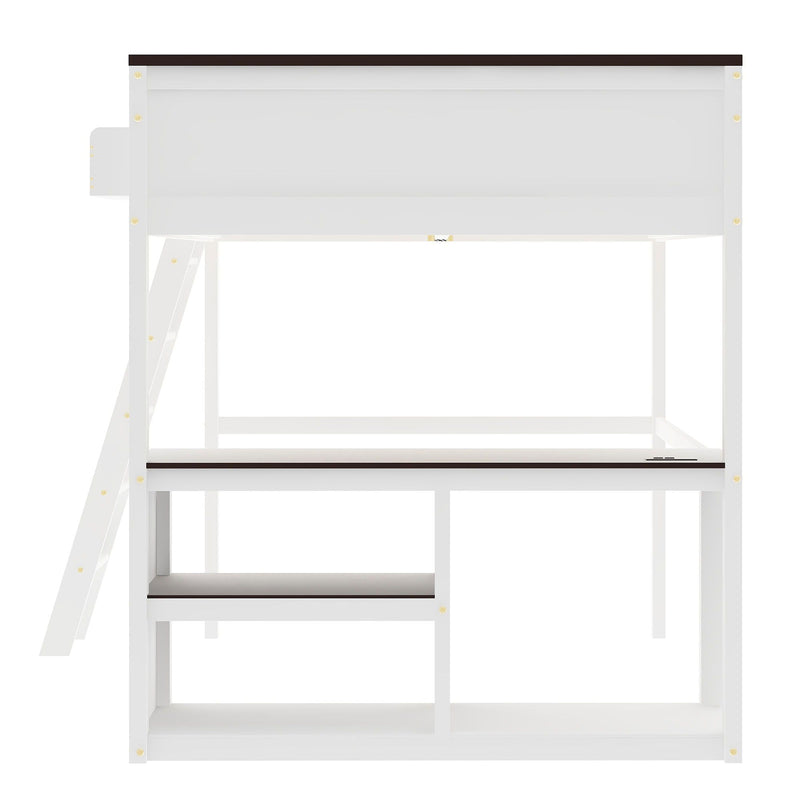 Queen Size Loft Bed With Desk, Open Shelf, Storage Box And USB Charging Station - White by HouseOfZazla