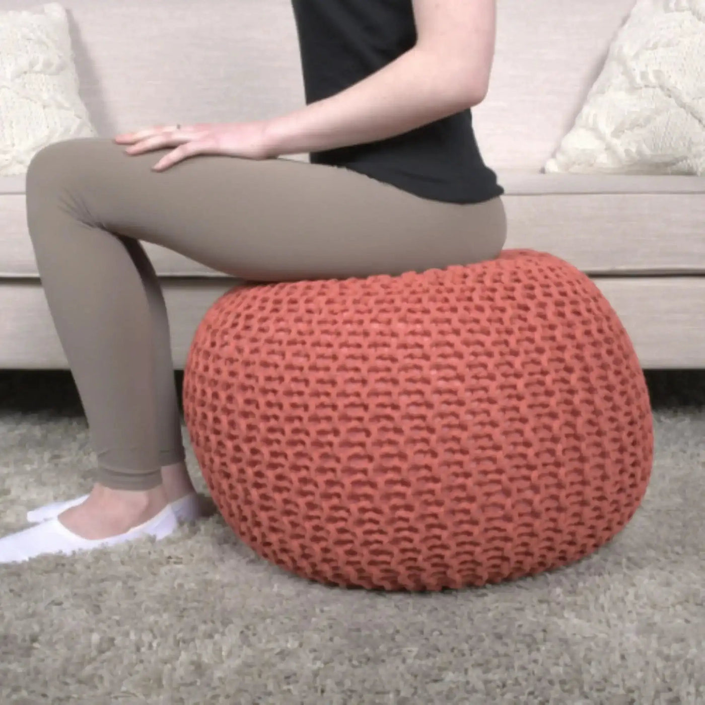 Bordeaux Knitted Cotton Round Pouf Ottoman Floor Cushion by HouseOfZazla