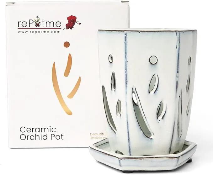 rePotme 4 x 6 inch Ceramic Orchid Pot (White Diamond) - Hexagon Orchid Pot with Holes by GreenHaven Gardens