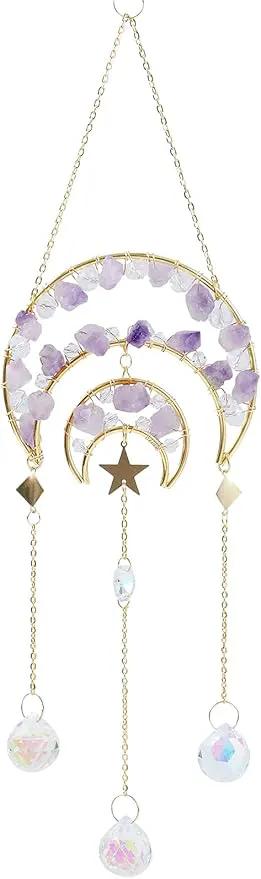 Amethyst Crystals Suncatcher - Hanging Moon Sun Catcher with Glass Prisms for Windows, Healing Amethyst Crystal Decor for Home, Gift for Christmas Birthday Valentine Mothers Day by GreenHaven Gardens