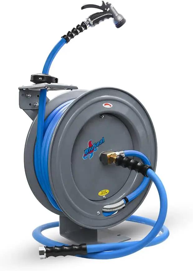 Auto Retractable Water Hose Reel with Hot & Cold Water Rubber Garden Hose, Spray Nozzle - Ultra Light, Super Strong with 6' Lead-in Hose (5/8” x 50’ Grey) by GreenHaven Gardens