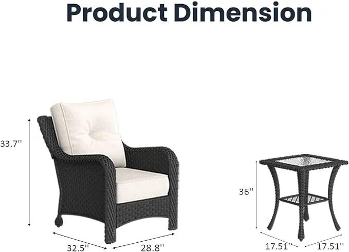 3 Pieces Outdoor Patio Furniture Sets with Single Chairs with 6-inch Thick Cushion and Side Table for Deck Lawn by GreenHaven Gardens