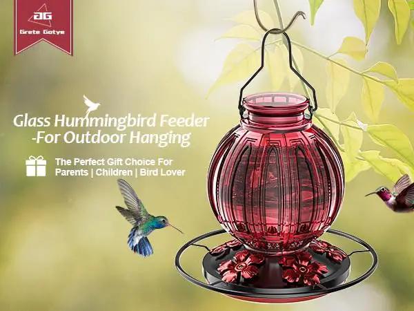 Glass Hummingbird Feeder for Outdoors Hanging, 26Oz Bird Nectar Feeder with Perch & 5 Flower Feeding Ports, Leak Proof for Outside Garden Decor Backyard, Gifts for Women Mom, Red by GreenHaven Gardens