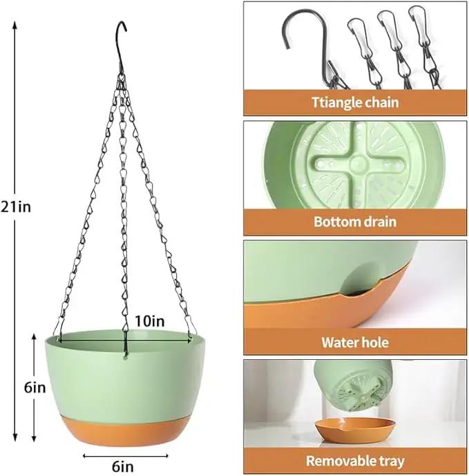 2 Pack Plastic Hanging Planters 10 Inch Hanging Pots with Drainage Hole for Indoor Outdoor Plants, Round Hanging Basket with Removable Tray for Home Garden Porch Balcony Patio Decor by GreenHaven Gardens