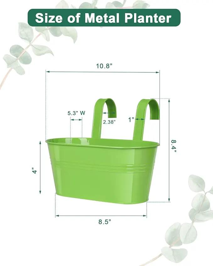 Metal Railing Planter for Outdoor Plants - 3 Pack Balcony Hanging Flower Pots with Detachable Hooks and Drain Holes Oval Bucket Rail Box Fence Planters for Home Garden Decor, Green Orange Blue by GreenHaven Gardens