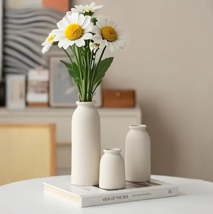 Ceramic Vase Set-3, Small Flower Vases for Decor, Modern Boho Farmhouse Style, Decorative Vases for Pampas Grass & Dried Flowers, Distressed Finish (Beige) by GreenHaven Gardens