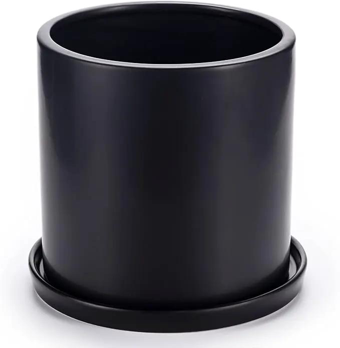 Plant Pots 10 Inch Ceramic Planter with Drainage Hole and Saucer, Matte Black Modern Cylinder Planter Pot for Indoor Outdoor Plants Flowers, Full Glazed Finish by GreenHaven Gardens