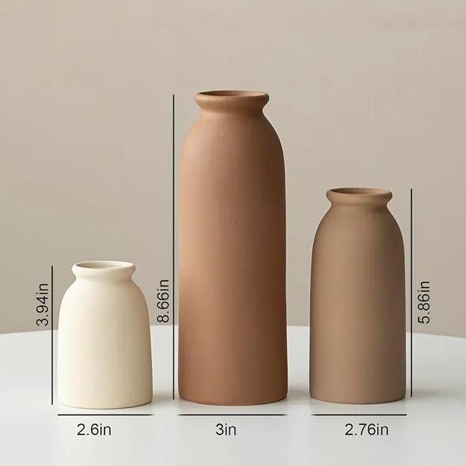 Ceramic Vase Set-3, Small Flower Vases for Decor, Modern Boho Farmhouse Style, Decorative Vases for Pampas Grass & Dried Flowers, Distressed Finish (Earth Tone) by GreenHaven Gardens