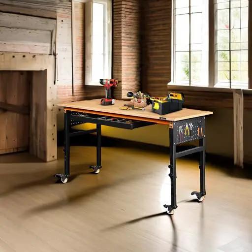 60" Adjustable Workbench for Garage, Rubber Wood Shop Table W/Wheels & Double Pegboards & Drawer, 2000 LBS Load Capacity Hardwood Worktable for Workshop, Garage, Office, Home, Commercial by GreenHaven Gardens