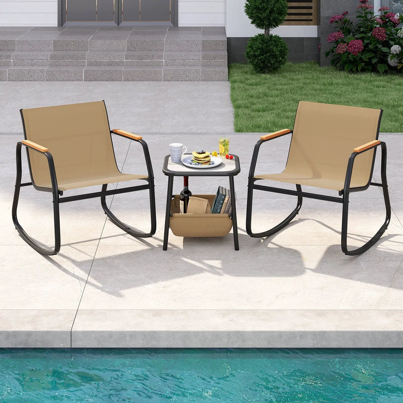 3 Piece Rocking Bistro Chairs and Side Table Set with Storage Bag-Brown by DirectDeals