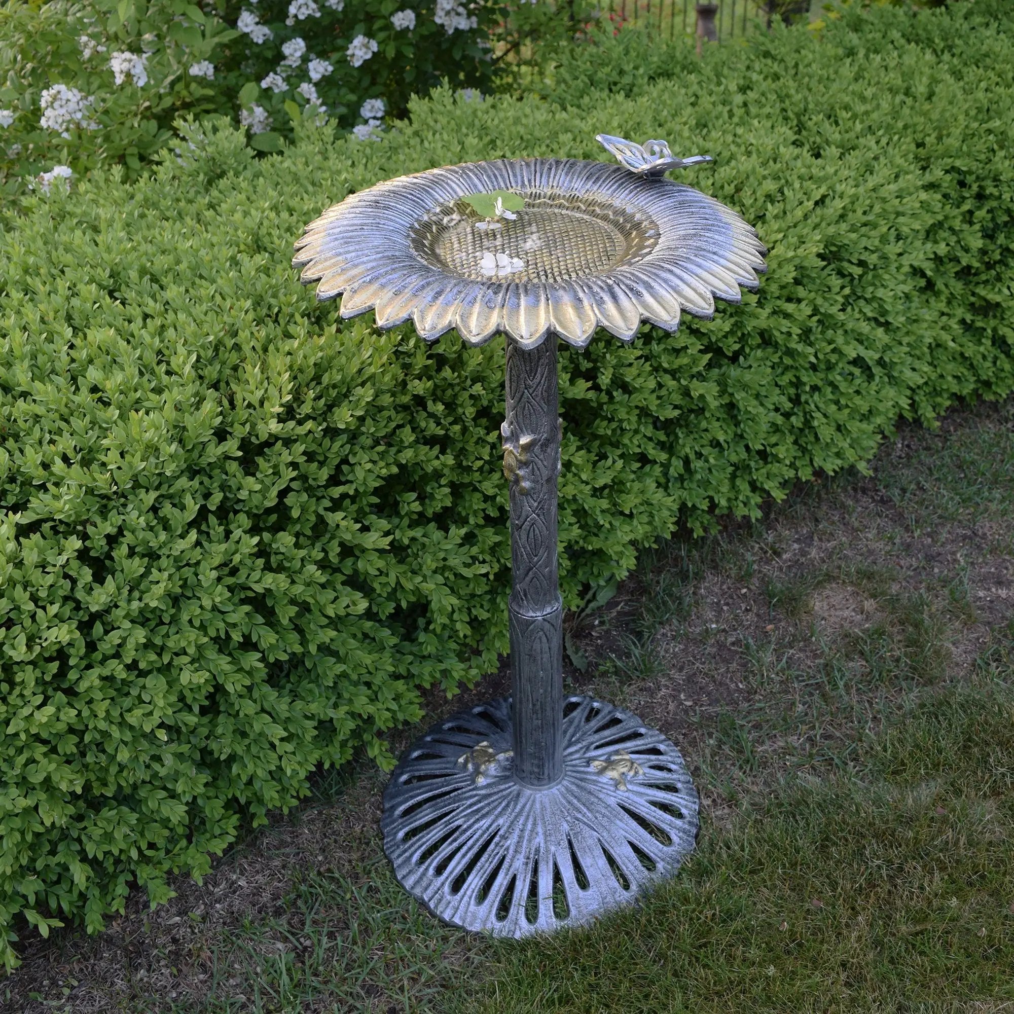 Round Cast Aluminum Metal 32-in Bird Bath with Sunflower Butterfly by Sharicks