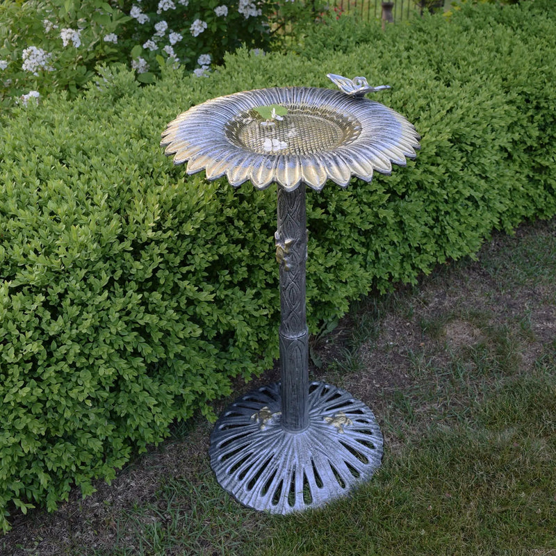 Round Cast Aluminum Metal 32-in Bird Bath with Sunflower Butterfly by Sharicks