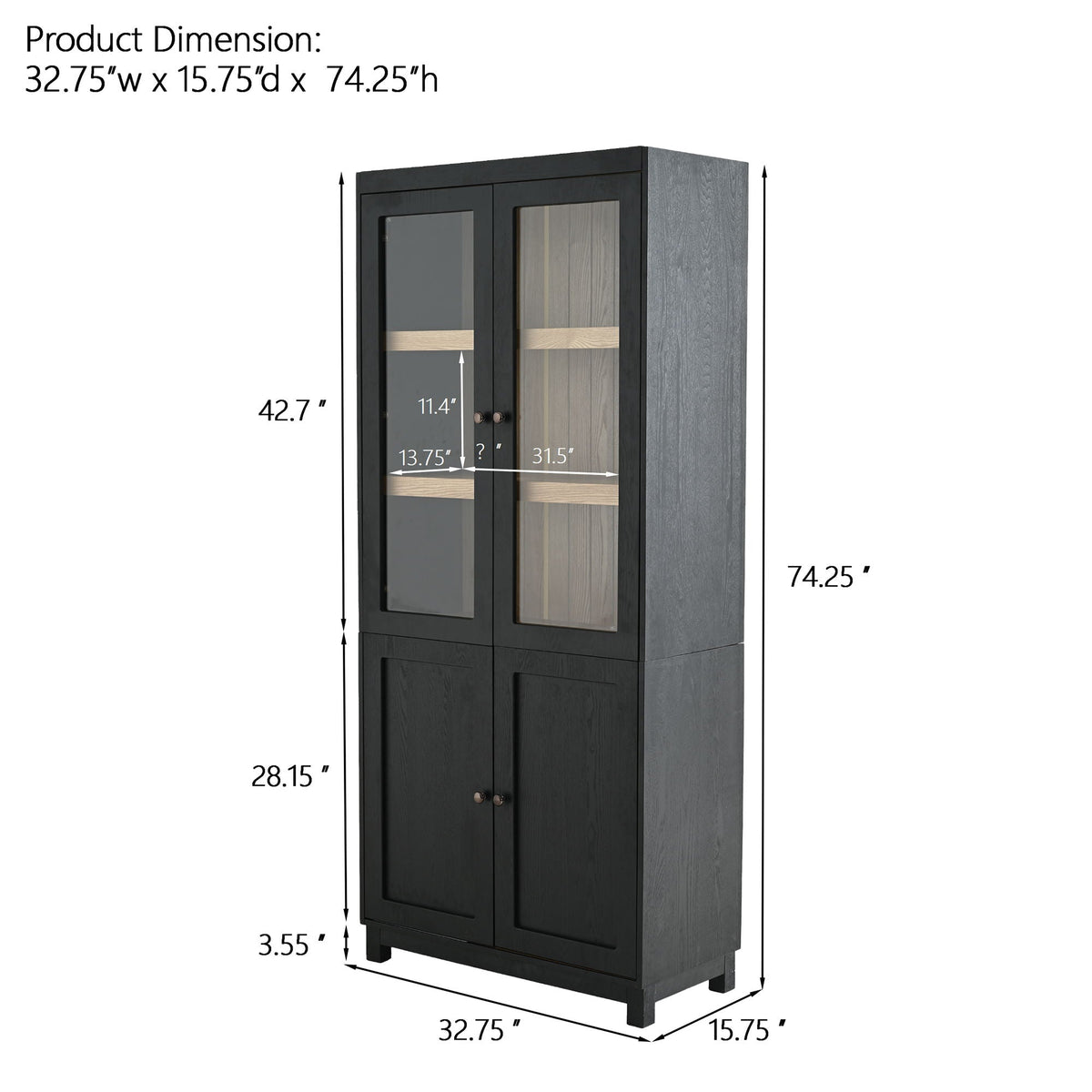 Mid Century Modern Tall Display Cabinet with Glass Doors - Black, photo 4 of 21