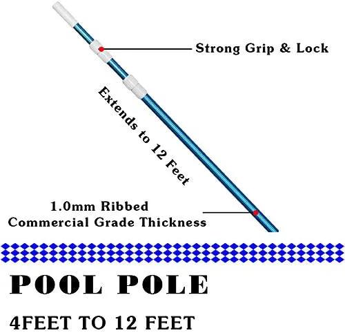 POOLWHALE Professional 12 Feet Blue Anodized Aluminum Telescopic Swimming Pool Pole,Adjustable 3 Piece Expandable Step-Up,for Skimmer Nets, Vacuum Heads and Brushes, Strong Grip & Lock by GreenHaven Gardens