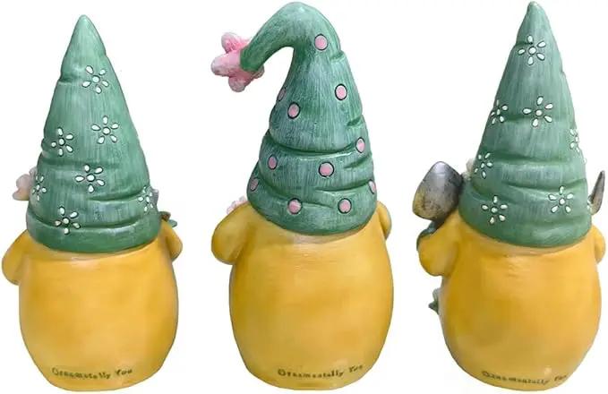 Garden Guardians Set of Three 6" Gardening Gnome Figurines, Floral Green and Yellow Statue Decor by GreenHaven Gardens