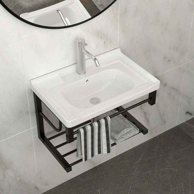 Wall Mounted Rectangular Bathroom Sink With Towel Bar & Overflow - White by Unique Piece Furniture