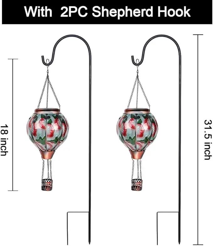 2PC Hot Air Balloon Solar Lantern with 2PC Shepherd Hook, Flickering Flame Hanging Solar Lanterns Outdoor Lights Waterproof Lanterns for Garden Patio Yard Party Decor (Hummingbirds & Flowers) by GreenHaven Gardens