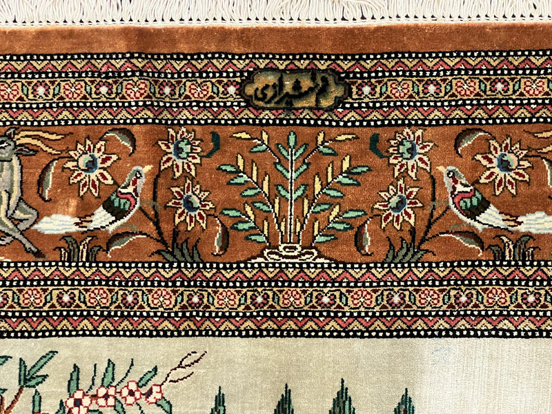 Silk Persian Qum Rug 3x5, Hunting Pattern, Handmade Vintage Carpet, Signed by Master Weaver, Horsemen Pictorials, Super Fine 650 KPSI by Jewel Rugs