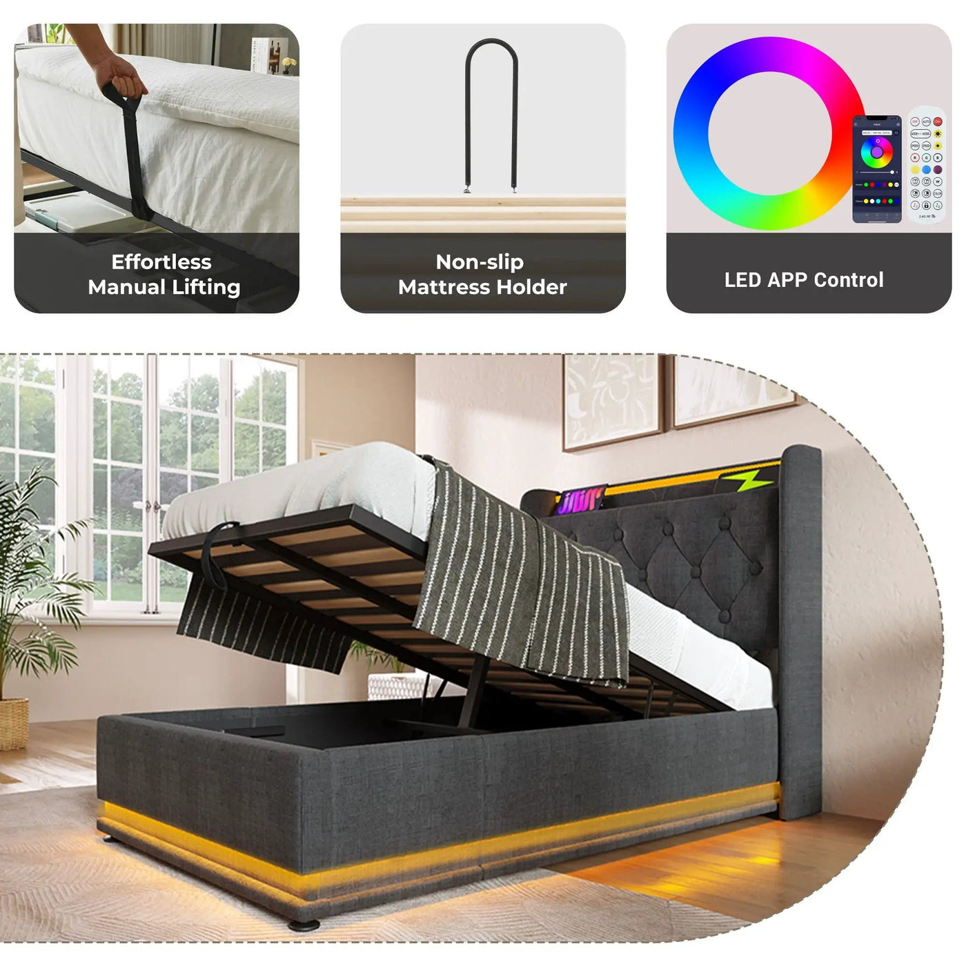 Upholstered Bed, 360 Surround LED Function, Remote Control, Hydraulic Storage Bed With USB, Type-C Charging (Without Mattress) by Unique Piece Furniture