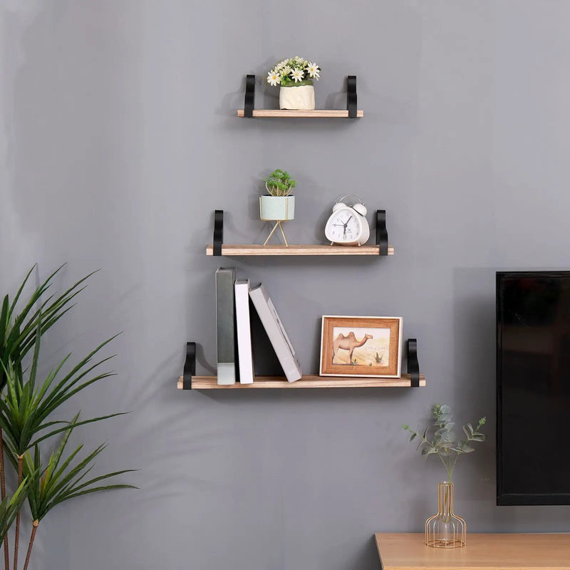 Floating Shelves, Long Wall Shelves (Set of 3), Wall Mounted Shelves & Brackets For Bedroom - Natural Wood by HouseOfZazla